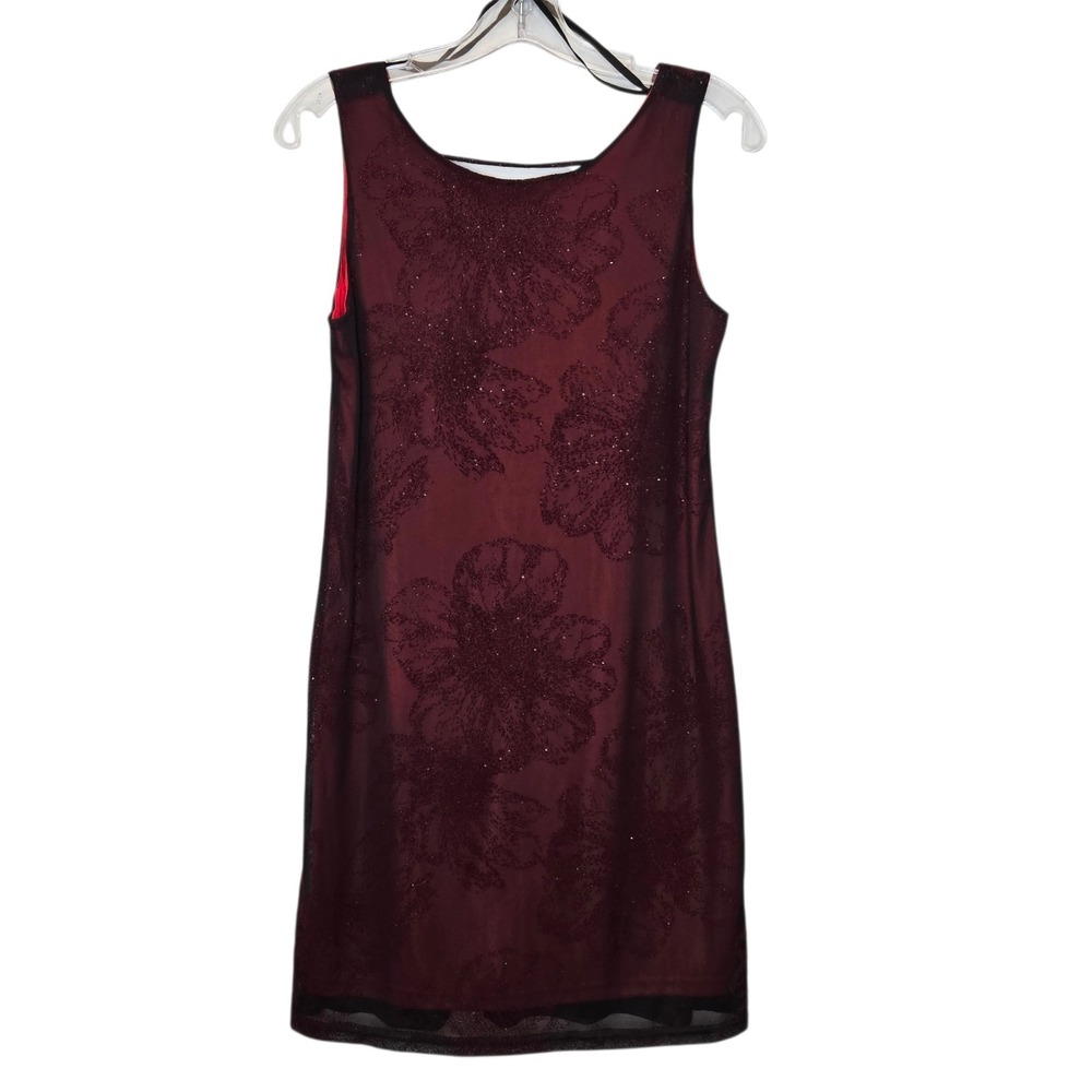 Lisa Jo Vtg 90s Y2K Red Black Floral Glitter Mesh Overlay Sheath Dress Sz 8 Vamp